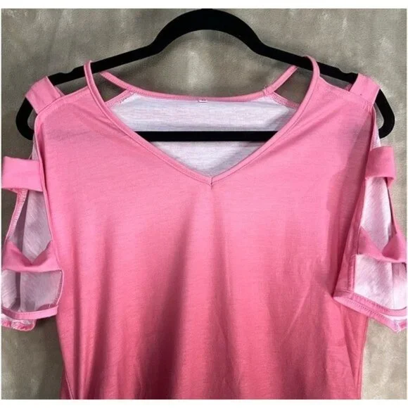 Womens V Neck Short Sleeve Cold Shoulder Cutouts Shirt Light Rose Burgundy, Wine - Picture 7 of 16